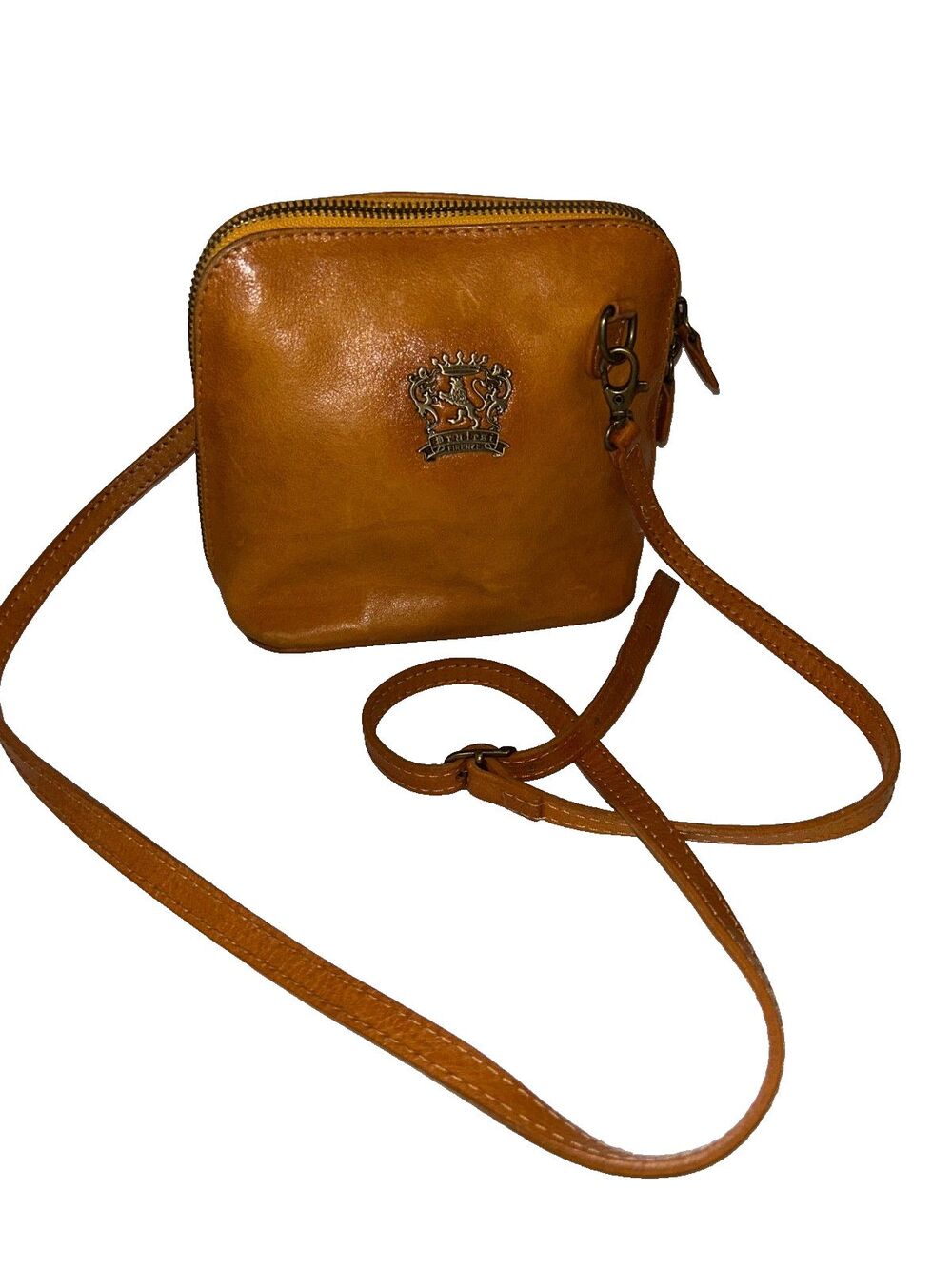 Pratesi made in Italy Leather Crossbody Bag Tan Gold Logo Hardware